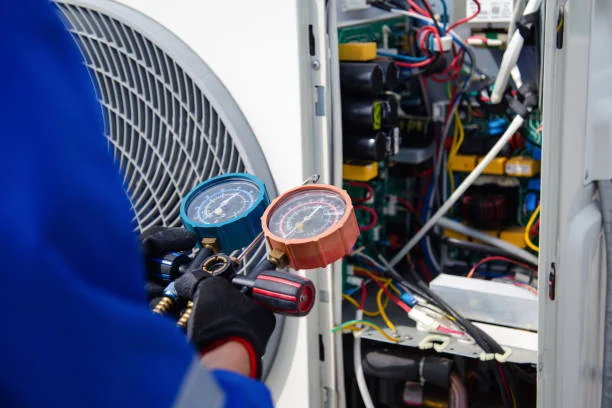 Technician checking refrigerant pressure and electrical components in an HVAC system
